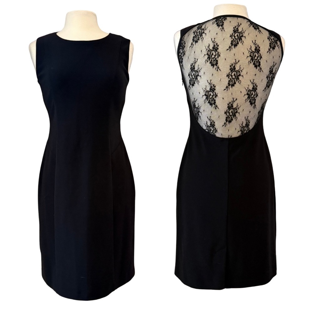 Joseph Ribkoff Sz 8 Black Pencil Dress with Dramatic Lace Back Classic Party